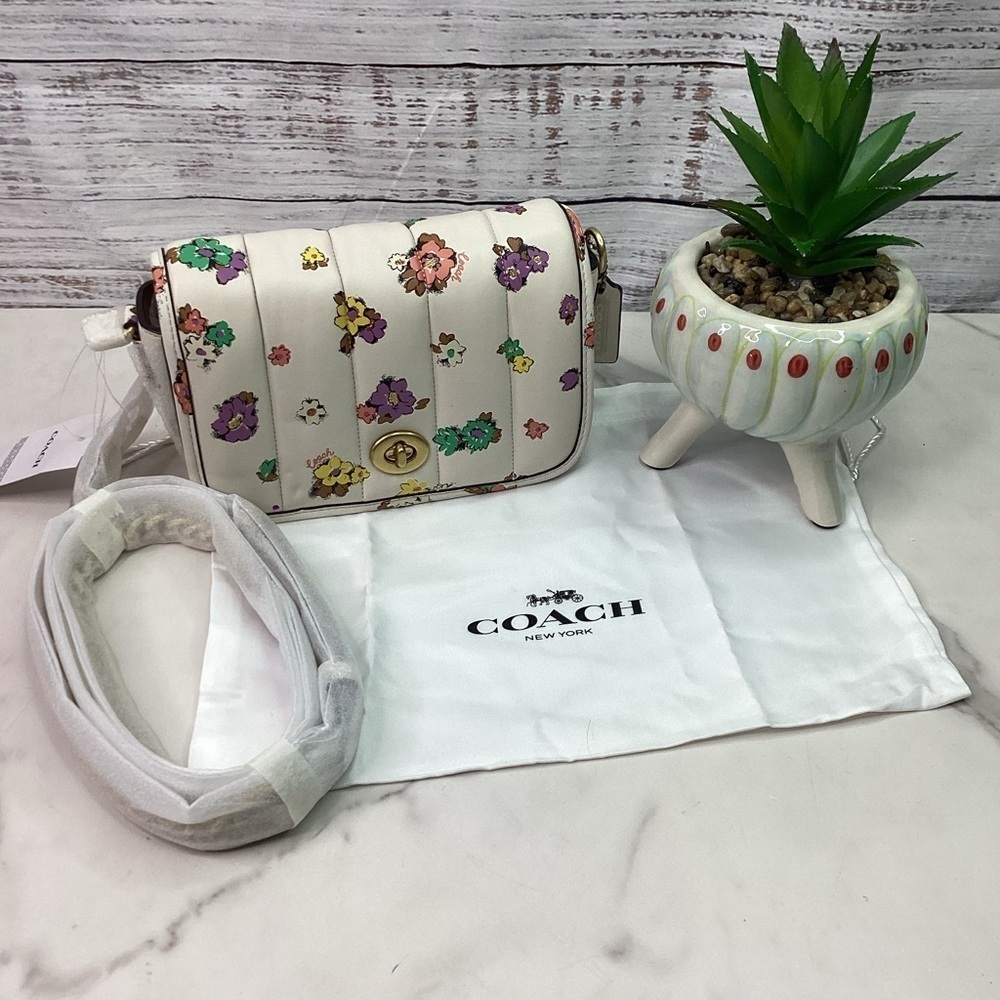 COACH DINKY 18 QUILTING FLORAL‎ BAG NAPPA LEATHER CHALK MULTI PURSE CROSSBODY - Picture 7 of 16